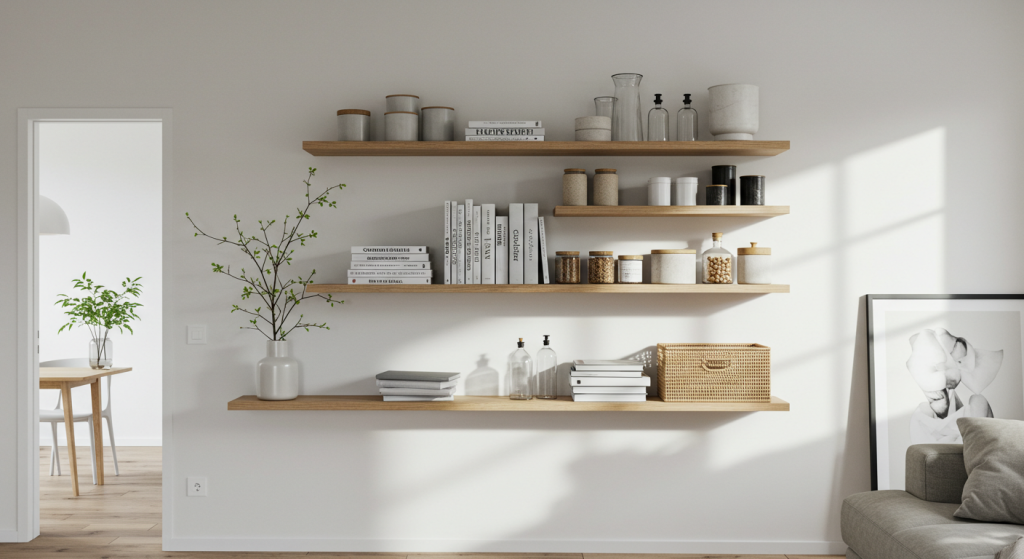 Floating shelves in alternating sizes are a great option for extra storage