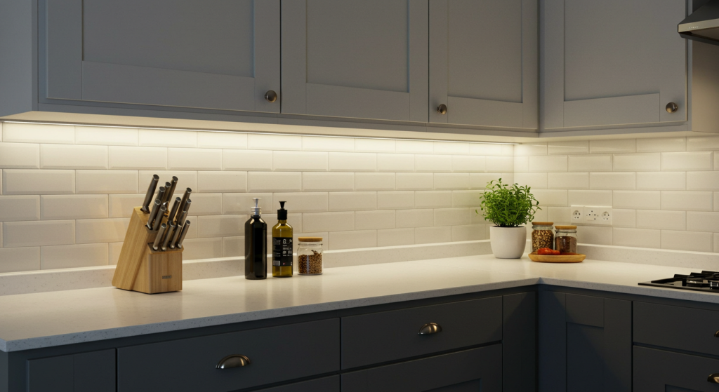 LED interior lighting upgrade underneath the cabinets in a modern kitchen