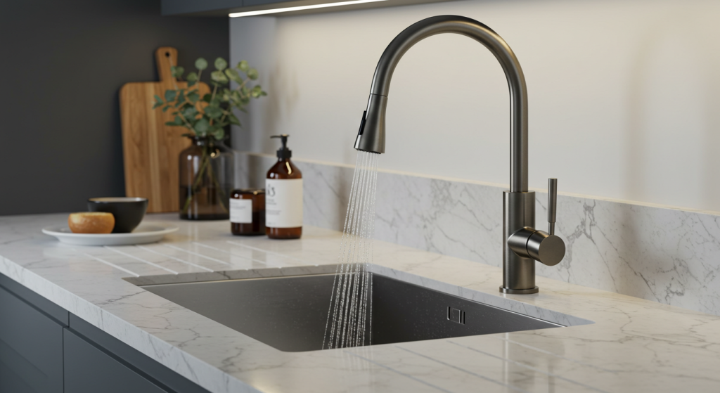Modern tap upgrade in a white and grey kitchen