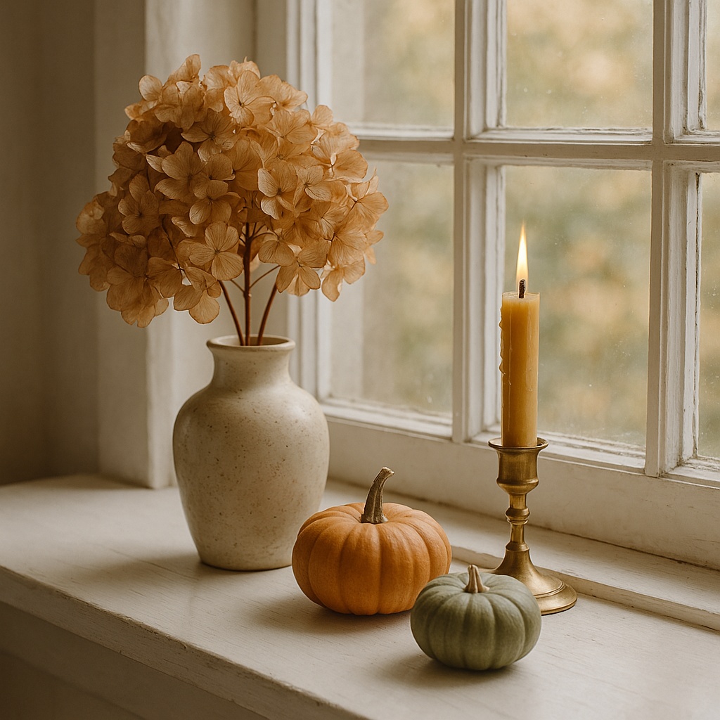 A window sill styled for autumn, featuring a white painted window board with a collection of seasonal elements: a small arrangement of dried hydrangeas in a ceramic vase, two small heirloom pumpkins in muted orange and green tones, and a brass candleholder with a partially burned beeswax taper candle. The styling demonstrates subtle seasonal adaptation.
