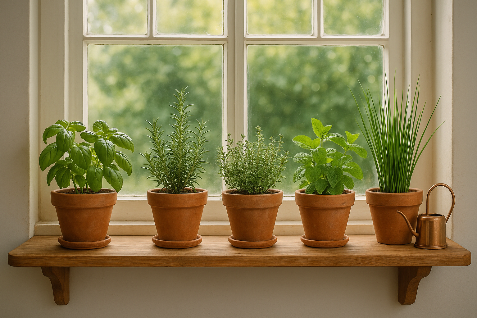 A wooden shelf mounted below a kitchen window containing five terracotta pots with growing herbs (basil, rosemary, thyme, mint, and chives) and a small copper watering can