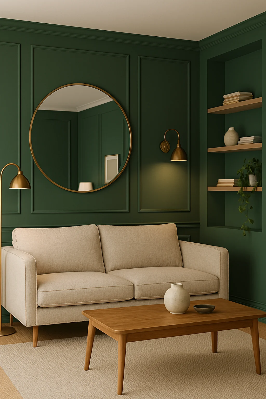 A complete living room showing a cohesive design with a green feature wall, round mirror, floating shelves, and proper lighting