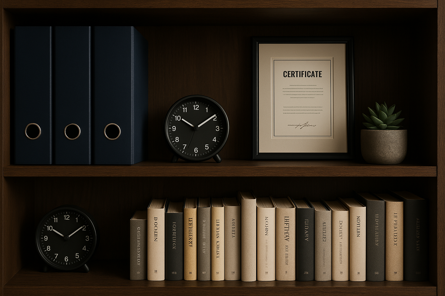Dark wooden office shelving with three navy box files, books arranged by height with visible spines, a black desk clock, framed certificate, and small succulent in a gray pot