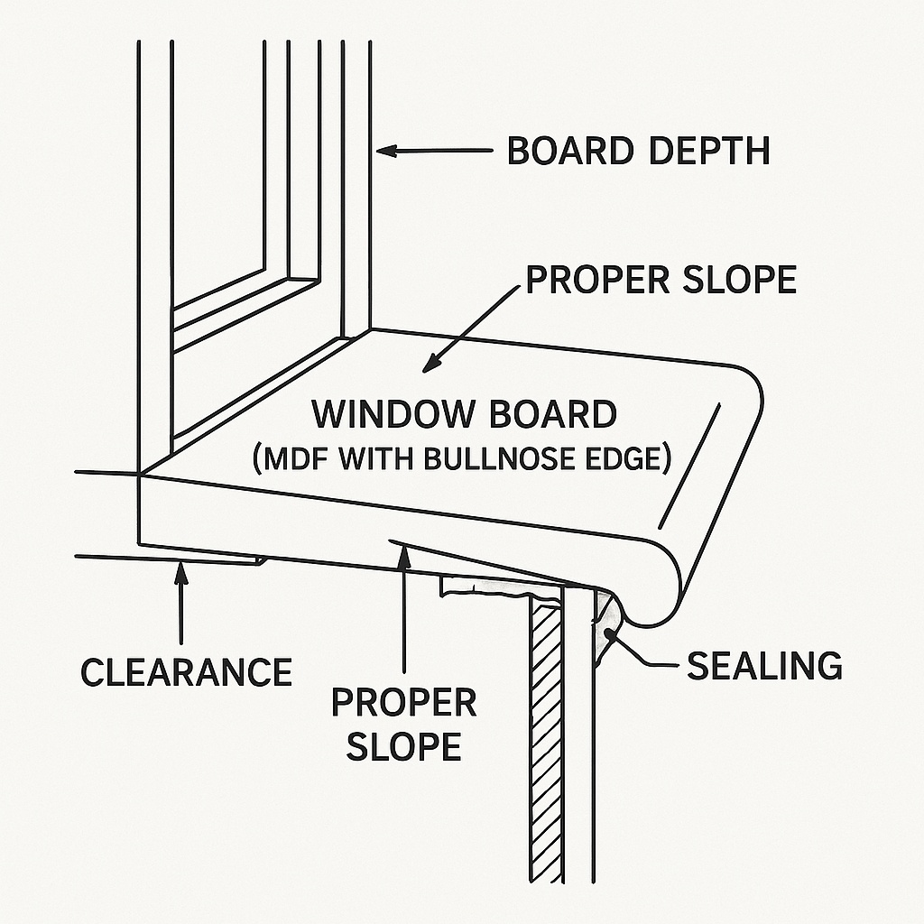 A technical illustration showing a cross-section of a window sill with a properly installed window board (MDF with a bullnose edge). The image highlights key elements: the board depth extending beyond the window frame, the proper slope for water runoff, the sealing between wall and board, and the clearance needed for window operation. This diagram shows the technical foundation that supports proper styling