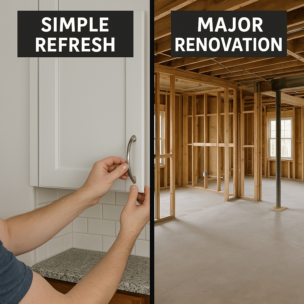 A comparison of kitchen renovation scopes. The image is split between a simple refresh (new cabinet doors and handles being installed) and a major renovation (showing structural work with removed walls and completely empty space being reconfigured).