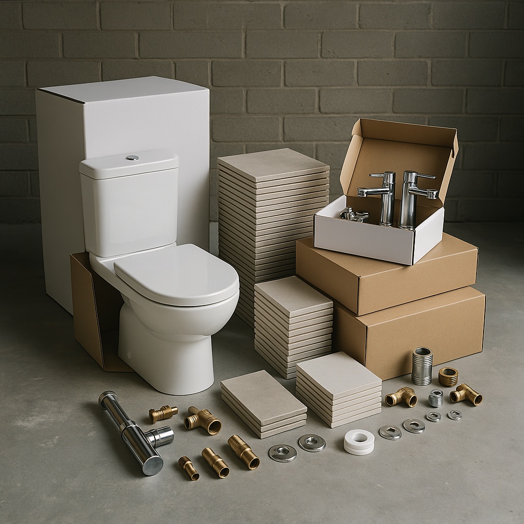 A carefully organised collection of bathroom renovation materials staged in a garage or spare room. The image shows boxed sanitaryware, stacked tiles, packaged taps, and various fittings neatly arranged before installation begins.