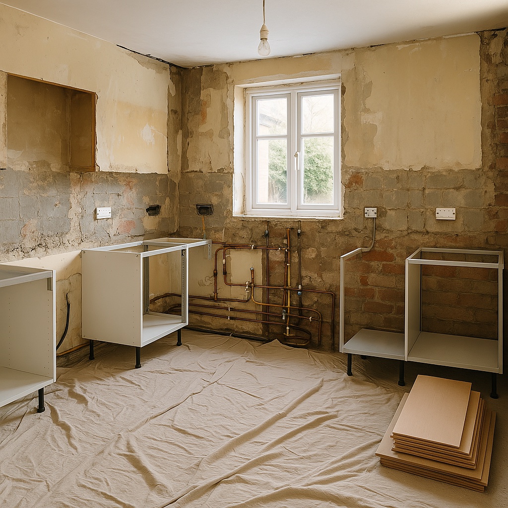 A kitchen mid-renovation showing removed cabinets, exposed walls with first-fix plumbing and electrical work visible, and basic framework for new units. Dust sheets cover the floor and some building materials are neatly stacked in one corner.