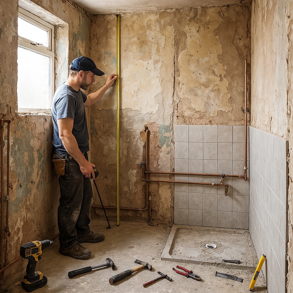 A bathroom mid-renovation showing stripped walls, exposed pipework, and a partially tiled area. Tools are scattered nearby and a builder is measuring for a new shower enclosure. The image highlights the typical state of a bathroom during the construction phase