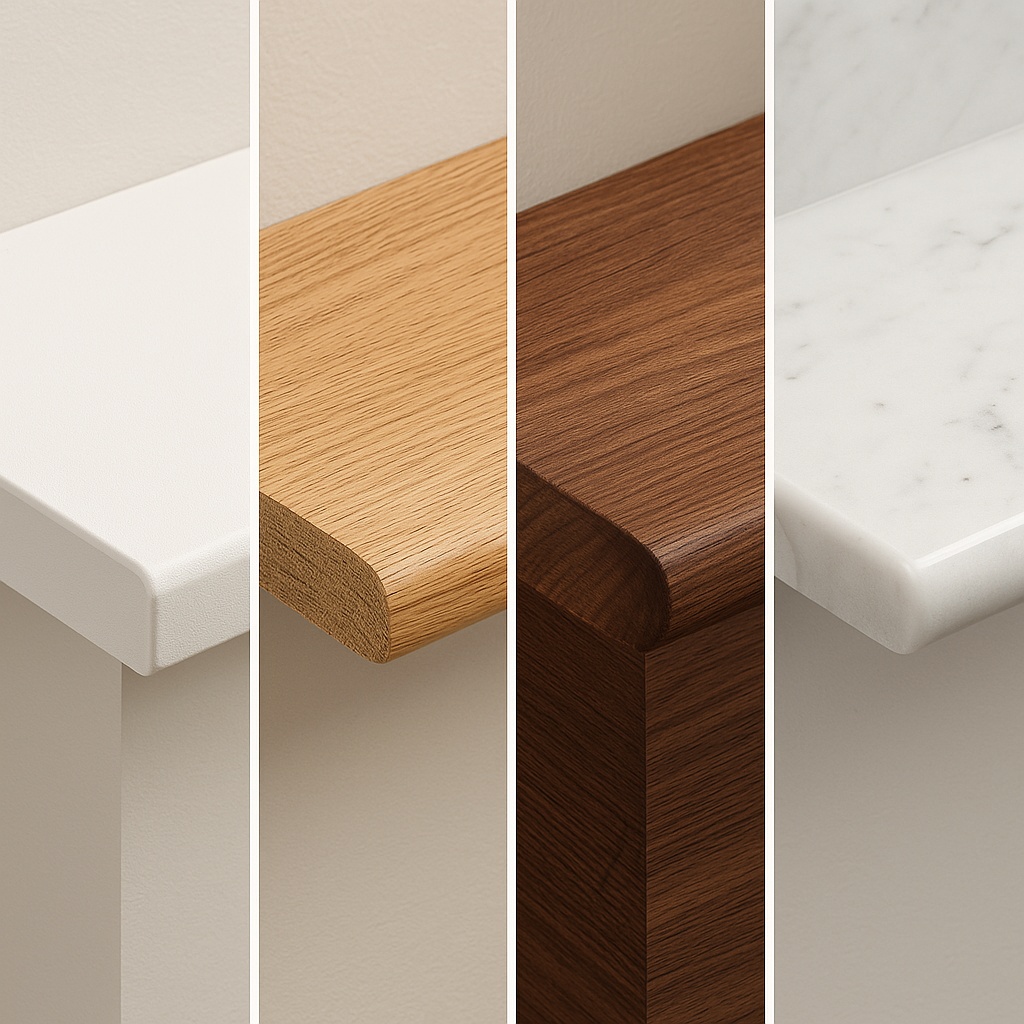A comparative image showing four different window board materials side by side: painted white MDF with a square edge profile, natural oak with a bullnose edge, walnut with a chamfered edge, and white marble with a half bullnose edge. Each section displays approximately 200mm of the material with consistent lighting to show texture and colour differences.