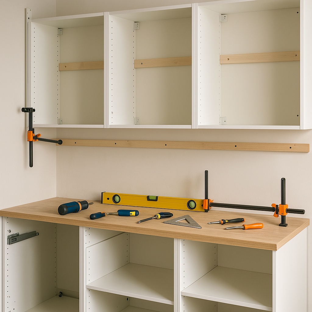 A detailed view of kitchen cabinet installation in progress. Securing wall units to battens, with floor units partially installed. Spirit levels, clamps and specialised tools are visible, demonstrating the precision required for this phase.