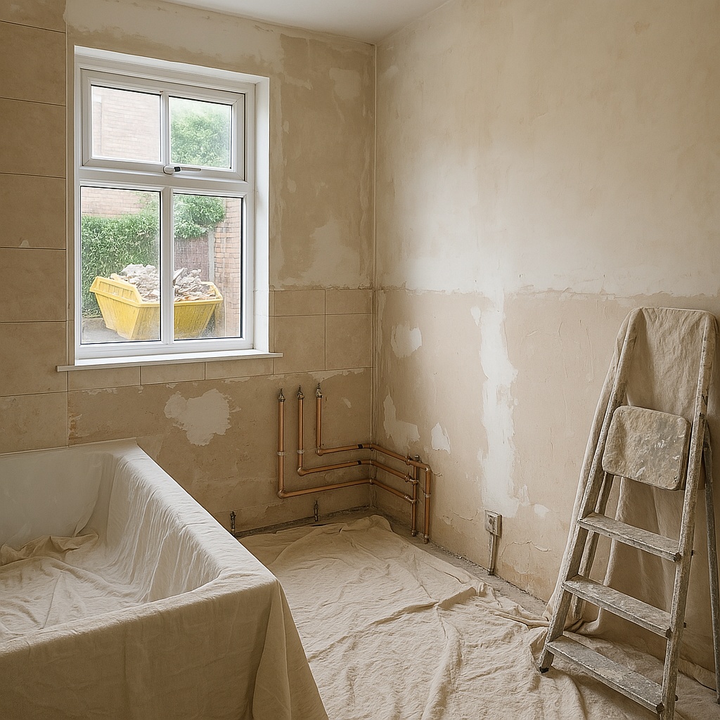 A clean, organised bathroom renovation site at the end of a working day. Dust sheets protect areas, a small waste skip is visible outside, and progress is evident with new pipework installed and walls prepared for tiling.