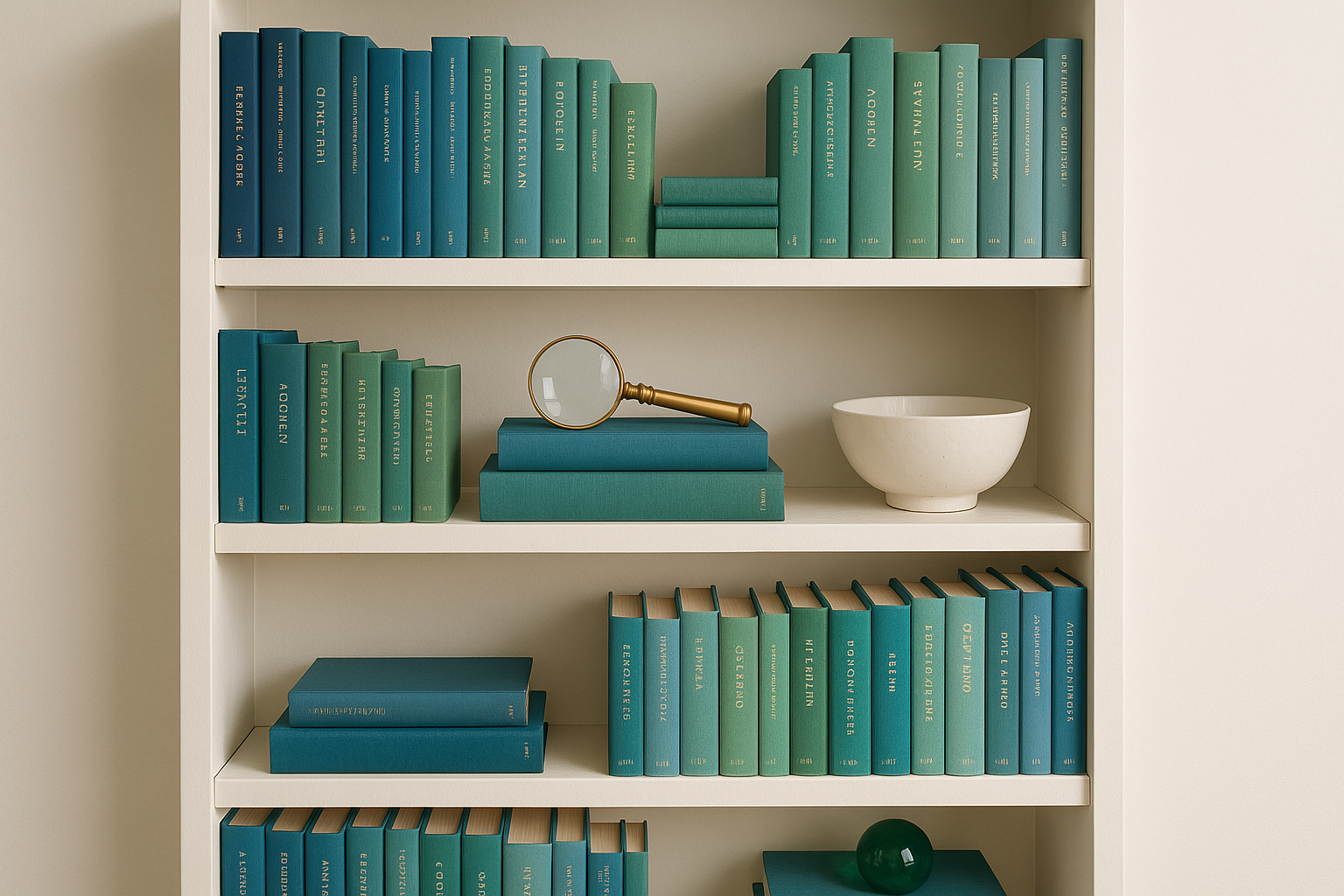 A tall white bookcase with books organized by colour (blue and green spines grouped together), some stacked horizontally supporting a brass magnifying glass, white ceramic bowl, and green glass paperweight