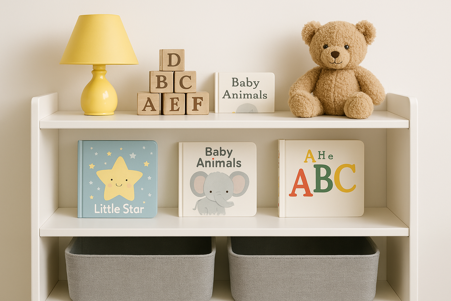 White nursery shelving with two gray fabric storage baskets on the bottom shelf, three children's books with covers facing forward, wooden alphabet blocks, a small teddy bear, and a yellow table lamp on the top shelf