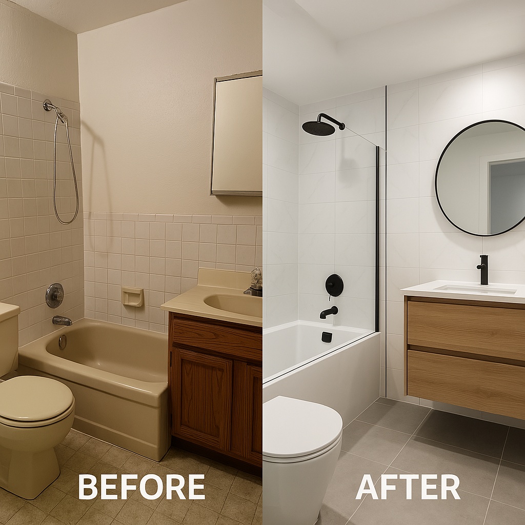 A before-and-after comparison of a bathroom renovation. The left side shows an outdated bathroom with old fixtures and tiles. The right shows the same space completely transformed with modern fixtures, clean lines, and contemporary finishes.