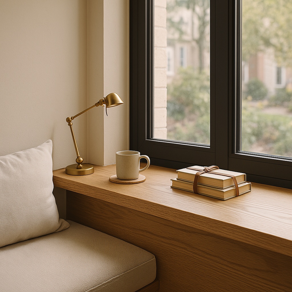A reading nook with a small reading lamp, books and cup of coffee