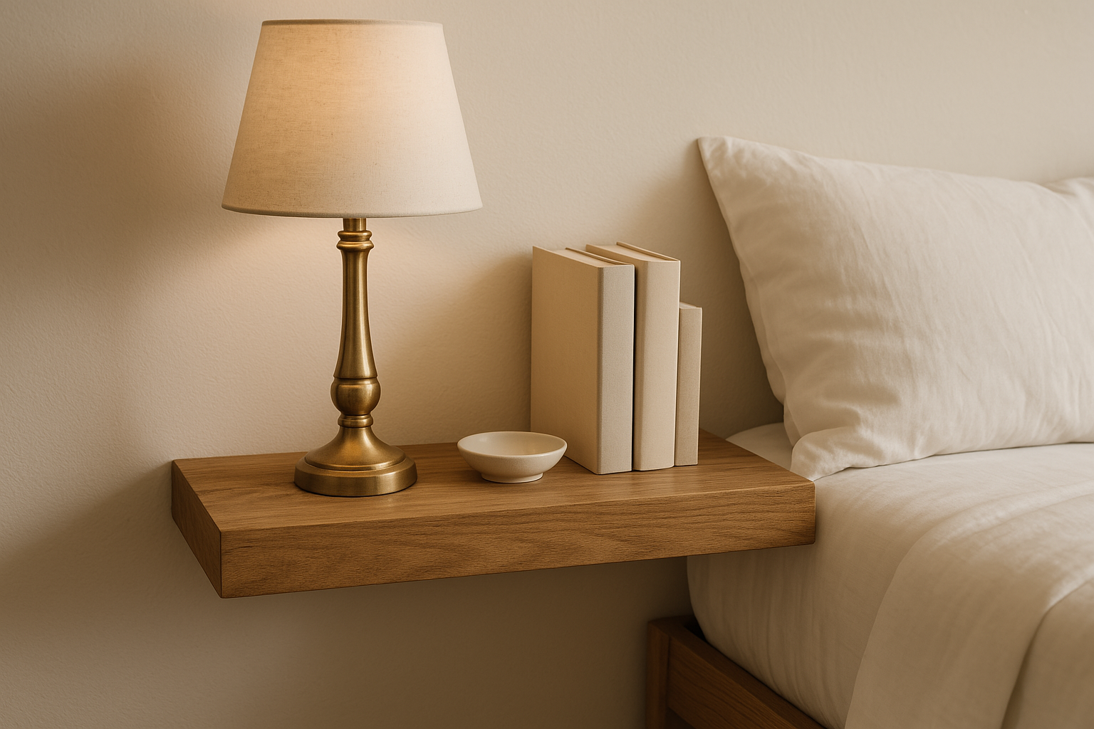 Small lamp on a wooden floating shelf next to the bed with some books and a small ceramic bowl
