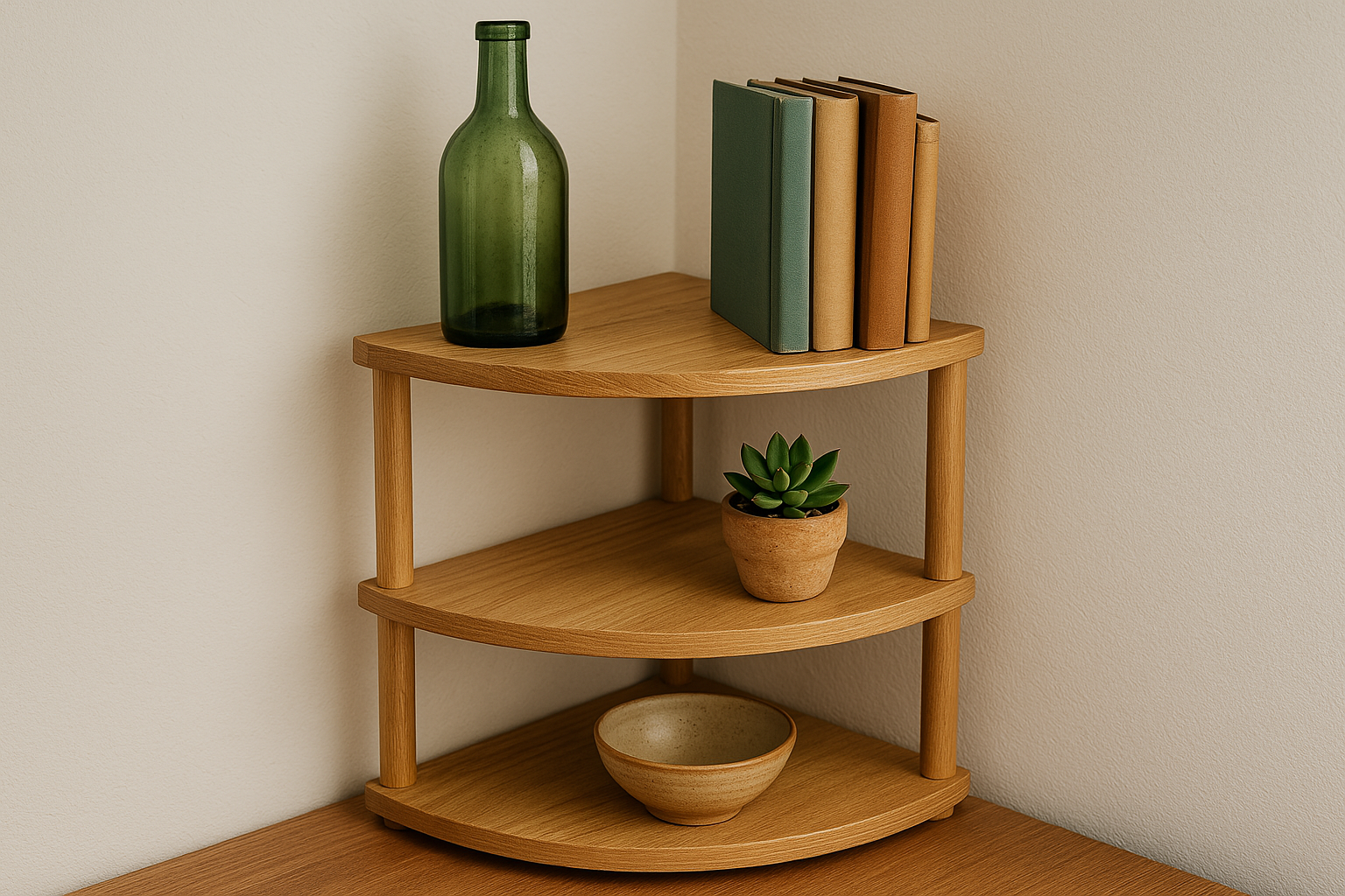 A three-tier corner shelf unit with a tall green glass bottle at the back corner of the top shelf, hardcover books along one edge, a small potted succulent on the middle shelf, and a ceramic bowl on the bottom shelf