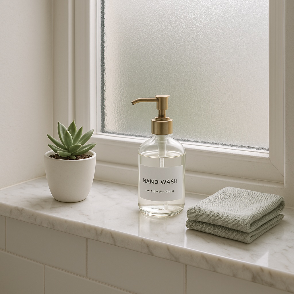 A bathroom window sill made from white marble with subtle grey veining. The styling includes a small potted succulent in a white ceramic pot, a clear glass bottle of hand wash with a brass pump, and a small folded hand towel in a pale sage green. The window has frosted glass for privacy, creating diffused light across the arrangement.