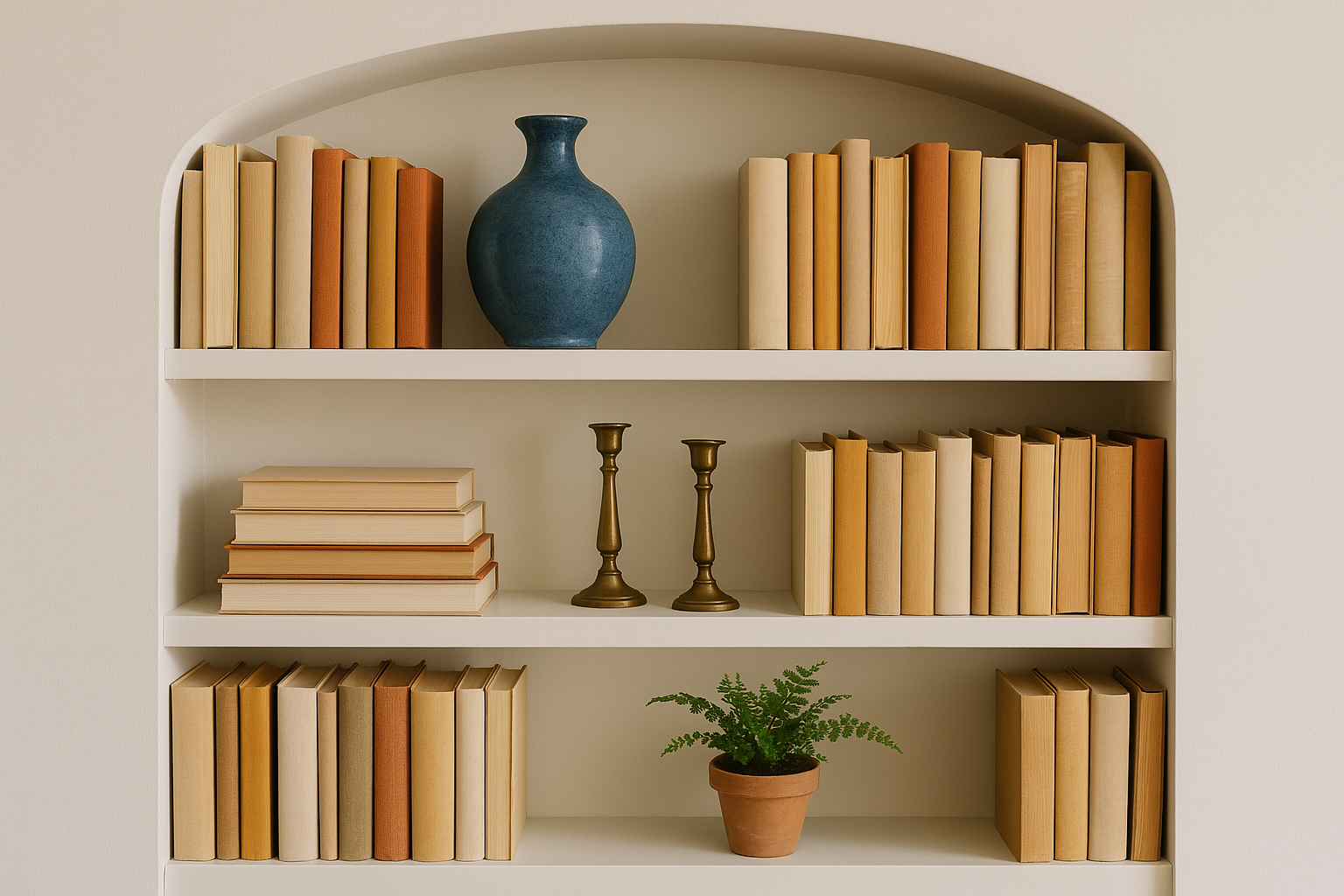 Built-in white alcove shelving with books arranged in both vertical stacks and horizontal piles, a medium ceramic blue vase, two brass candlesticks of different heights, and a small potted fern