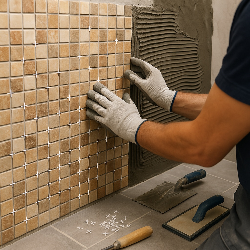 A detailed view of a tiler carefully setting mosaic tiles on a bathroom wall. Spacers are visible, with adhesive being applied. Tools are neatly arranged nearby, showing the precision and time required for quality tiling work.