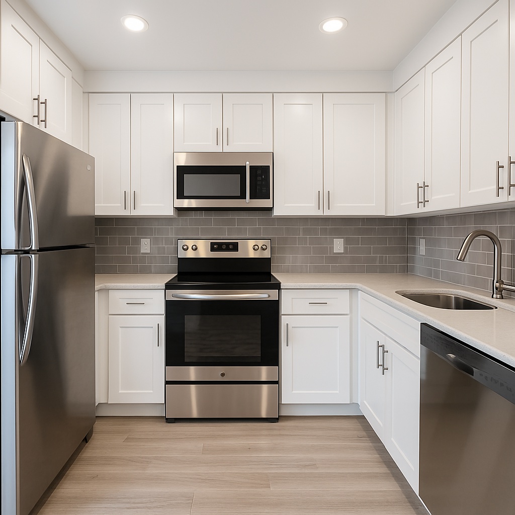 A nearly completed kitchen renovation showing newly installed cabinets, worktops, and appliances. A tradesperson is making final adjustments to a cabinet door. The space is clean and organised, showing the transition from construction site to functional kitchen.