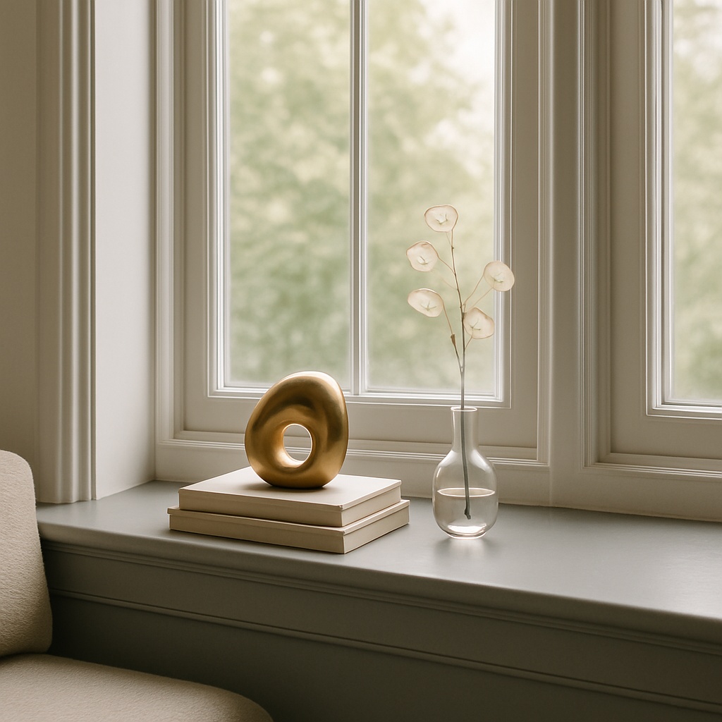 A living room bay window sill featuring a carefully composed arrangement of objects with varying heights. The window board is painted in a soft grey. The styling includes three elements: a stack of two art books with neutral covers, a medium-sized brass sculptural object with an abstract form, and a small bud vase with a single stem of dried lunaria. The composition uses negative space intentionally.