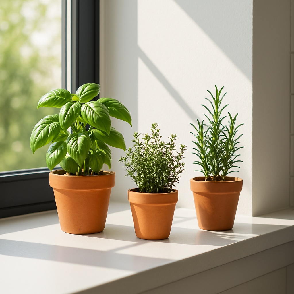 A bright, minimalist window sill in a contemporary kitchen featuring three small terracotta pots of varying heights with culinary herbs (basil, thyme, and rosemary). The window board is painted in a clean white, contrasting with the matte black window frame. Natural light creates subtle shadows across the scene, highlighting the texture of both the pots and the smooth window board.