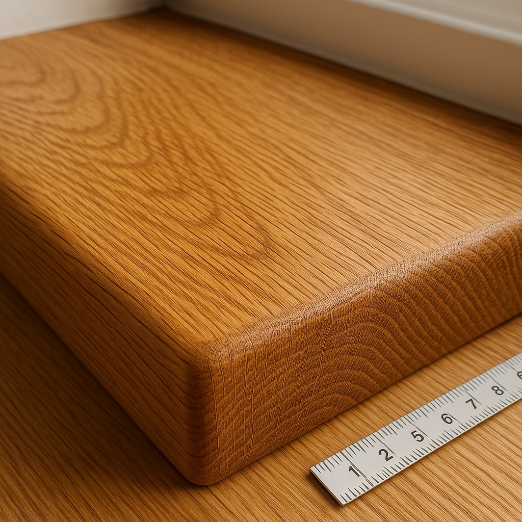 A detail shot of a deep oak window board (approximately 250mm depth) with a natural oil finish. The image focuses on the grain pattern and edge profile, demonstrating the quality of the material as the foundation for any window styling. A small ruler or measuring tape is visible for scale reference.