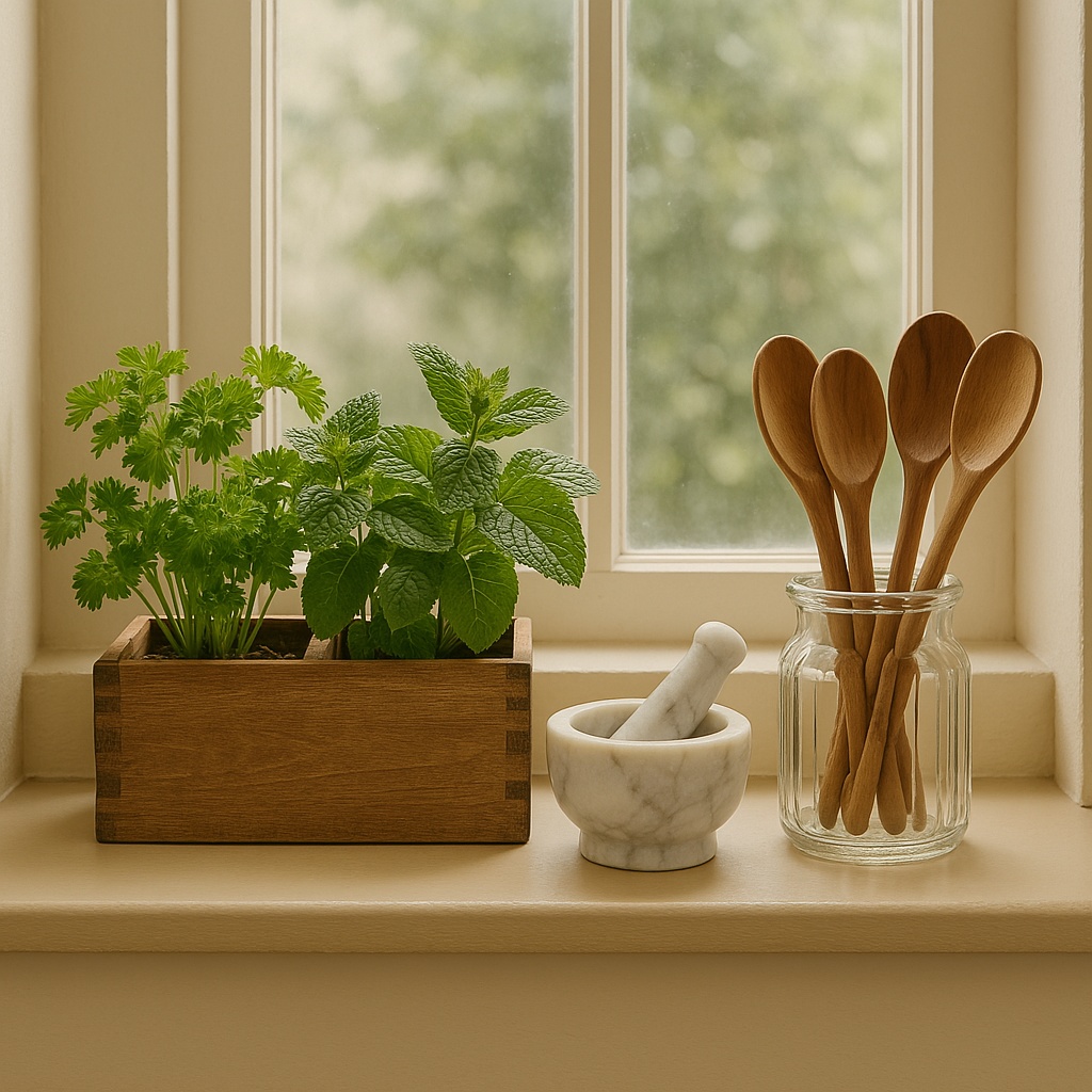 A kitchen window sill arrangement showing a functional layout with three elements: a wooden herb planter with compartments holding parsley and mint, a small marble mortar and pestle, and a vintage-inspired glass container with wooden spoons. The window board is painted in a warm neutral tone, complementing the wooden and marble elements.